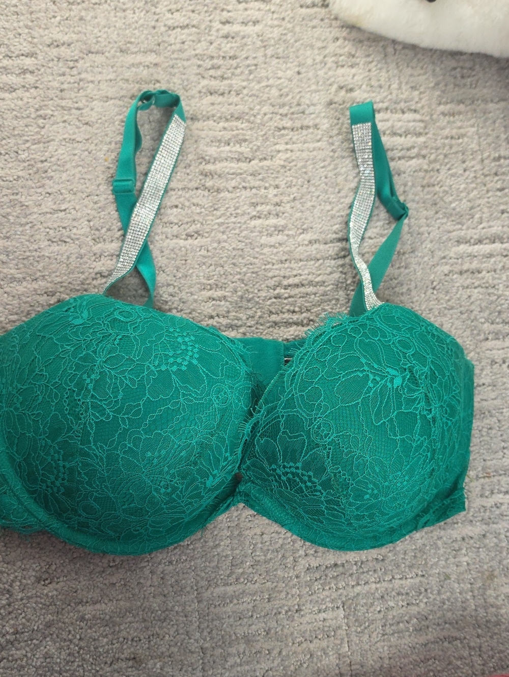 Victoria's Secret Teal Lace Push-Up Bra with Rhinestone Straps